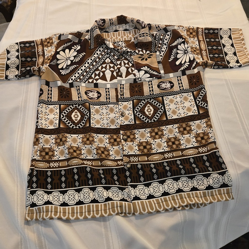 Vintage 60's Style Hawaiian Shirt Brown & White Floral & Geometric Pattern